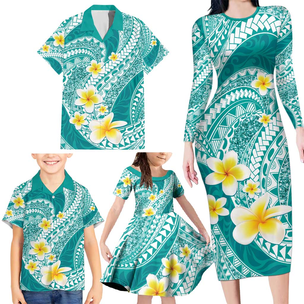 Plumeria Polynesian Teal Glitter Pattern Family Matching Long Sleeve Bodycon Dress and Hawaiian Shirt