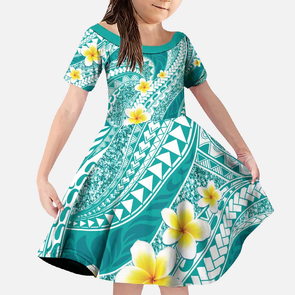 Plumeria Polynesian Teal Glitter Pattern Family Matching Mermaid Dress and Hawaiian Shirt