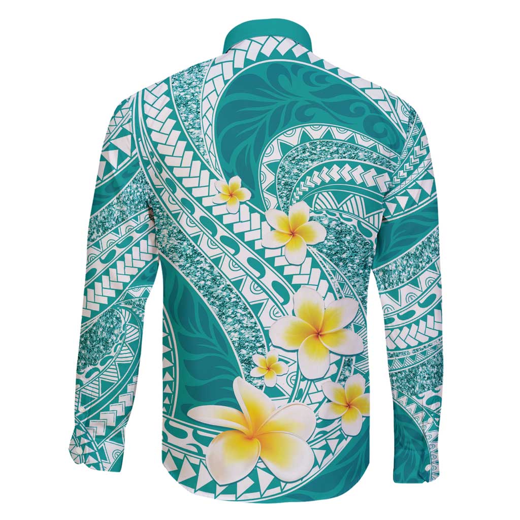 Plumeria Polynesian Teal Glitter Pattern Family Matching Mermaid Dress and Hawaiian Shirt
