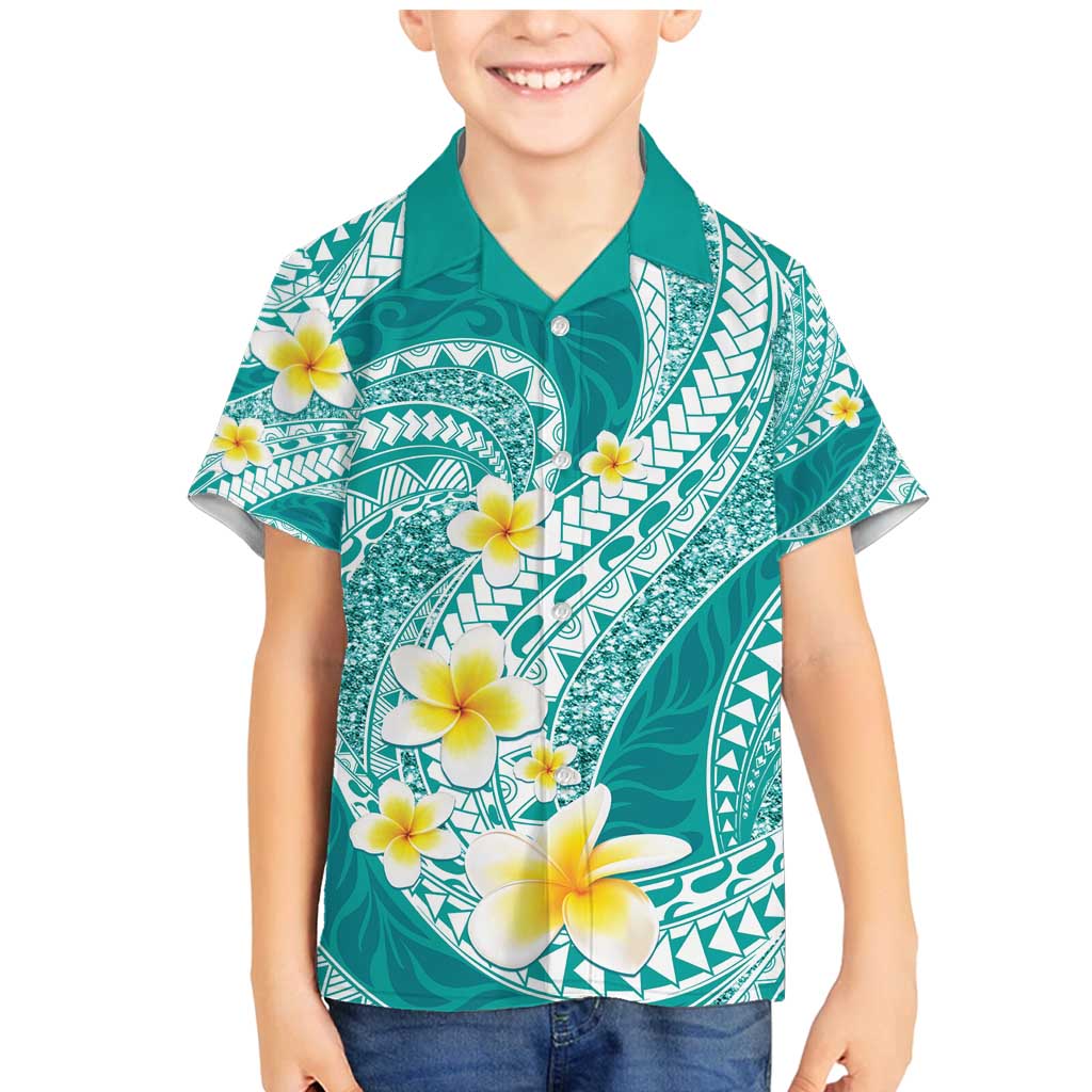 Plumeria Polynesian Teal Glitter Pattern Family Matching Mermaid Dress and Hawaiian Shirt