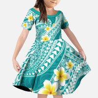 Plumeria Polynesian Teal Glitter Pattern Family Matching Off Shoulder Maxi Dress and Hawaiian Shirt LT01 Daughter's Dress Teal - Polynesian Pride