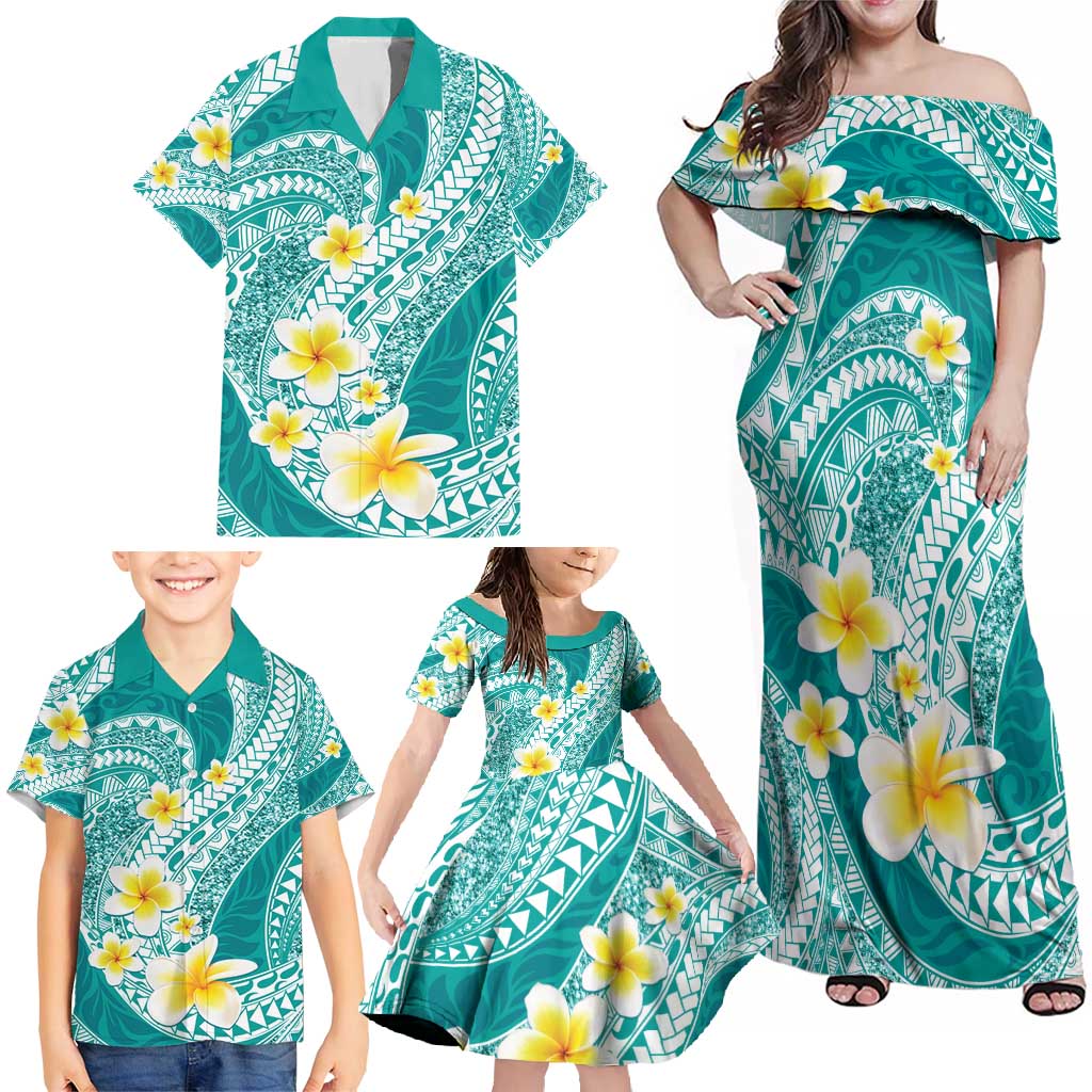 Plumeria Polynesian Teal Glitter Pattern Family Matching Off Shoulder Maxi Dress and Hawaiian Shirt LT01 - Polynesian Pride