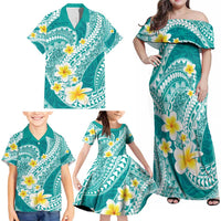 Plumeria Polynesian Teal Glitter Pattern Family Matching Off Shoulder Maxi Dress and Hawaiian Shirt LT01 - Polynesian Pride