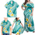 Plumeria Polynesian Teal Glitter Pattern Family Matching Off Shoulder Maxi Dress and Hawaiian Shirt