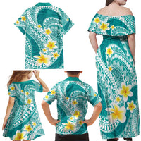Plumeria Polynesian Teal Glitter Pattern Family Matching Off Shoulder Maxi Dress and Hawaiian Shirt LT01 - Polynesian Pride