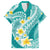 Plumeria Polynesian Teal Glitter Pattern Family Matching Off Shoulder Maxi Dress and Hawaiian Shirt