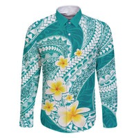 Plumeria Polynesian Teal Glitter Pattern Family Matching Off Shoulder Maxi Dress and Hawaiian Shirt LT01 Dad's Shirt - Long Sleeve Teal - Polynesian Pride