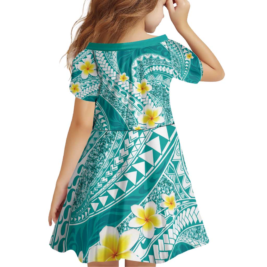 Plumeria Polynesian Teal Glitter Pattern Family Matching Off Shoulder Short Dress and Hawaiian Shirt LT01 - Polynesian Pride