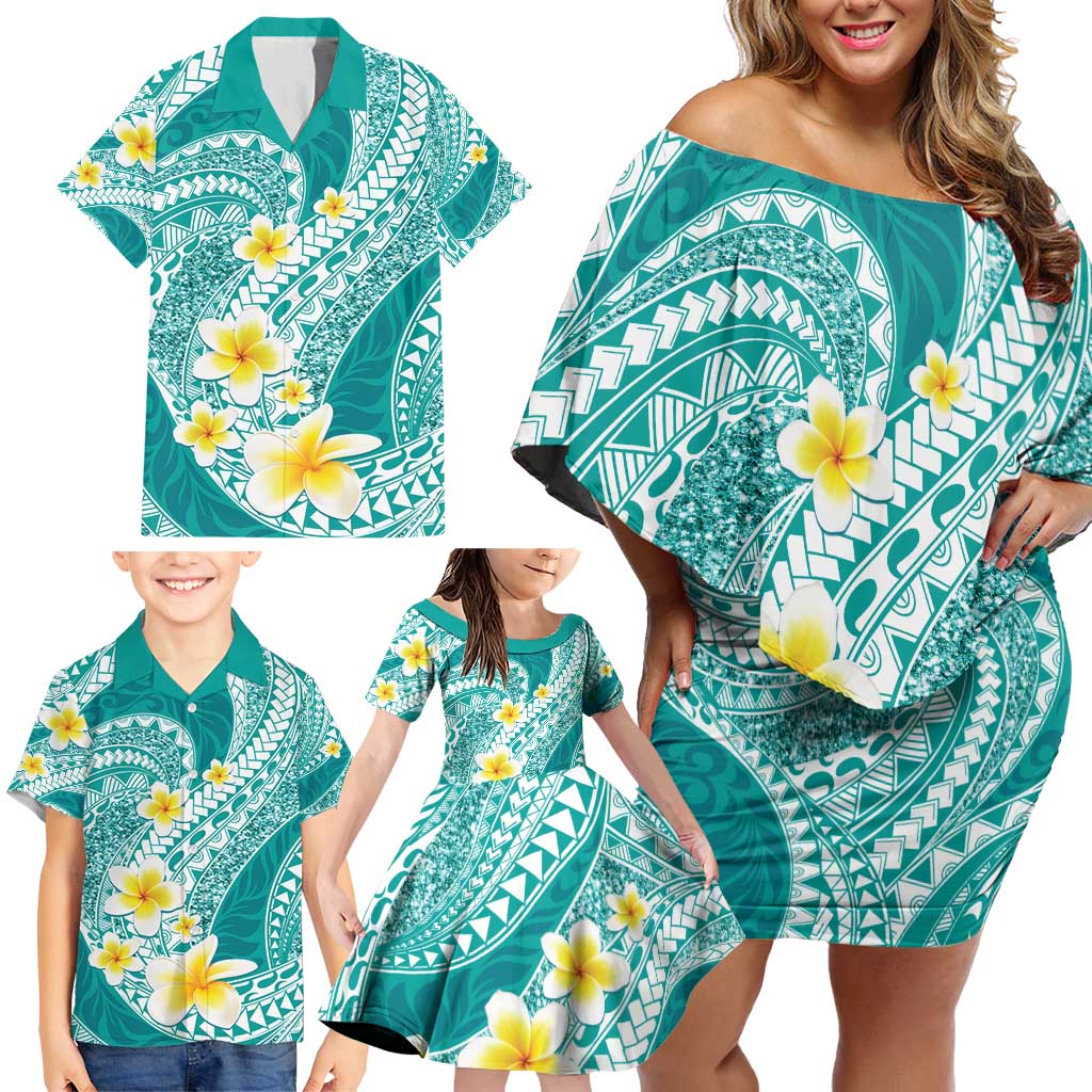 Plumeria Polynesian Teal Glitter Pattern Family Matching Off Shoulder Short Dress and Hawaiian Shirt