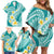 Plumeria Polynesian Teal Glitter Pattern Family Matching Off Shoulder Short Dress and Hawaiian Shirt