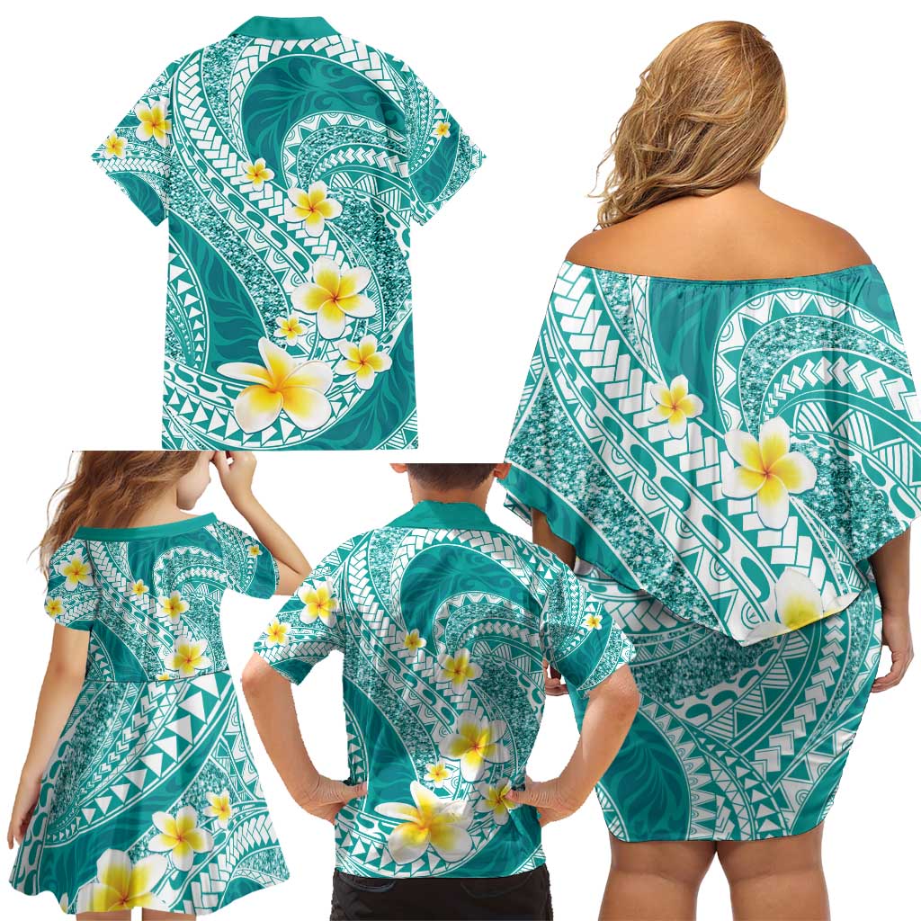 Plumeria Polynesian Teal Glitter Pattern Family Matching Off Shoulder Short Dress and Hawaiian Shirt LT01 - Polynesian Pride