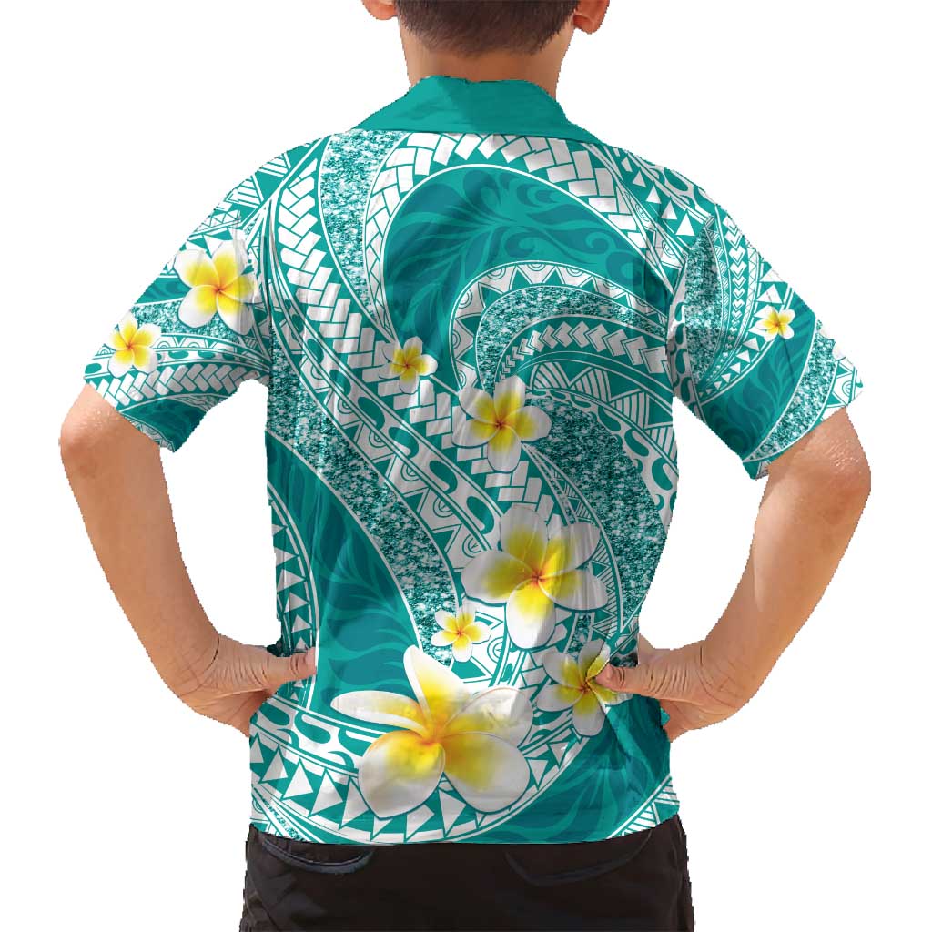 Plumeria Polynesian Teal Glitter Pattern Family Matching Puletasi and Hawaiian Shirt LT01 - Polynesian Pride
