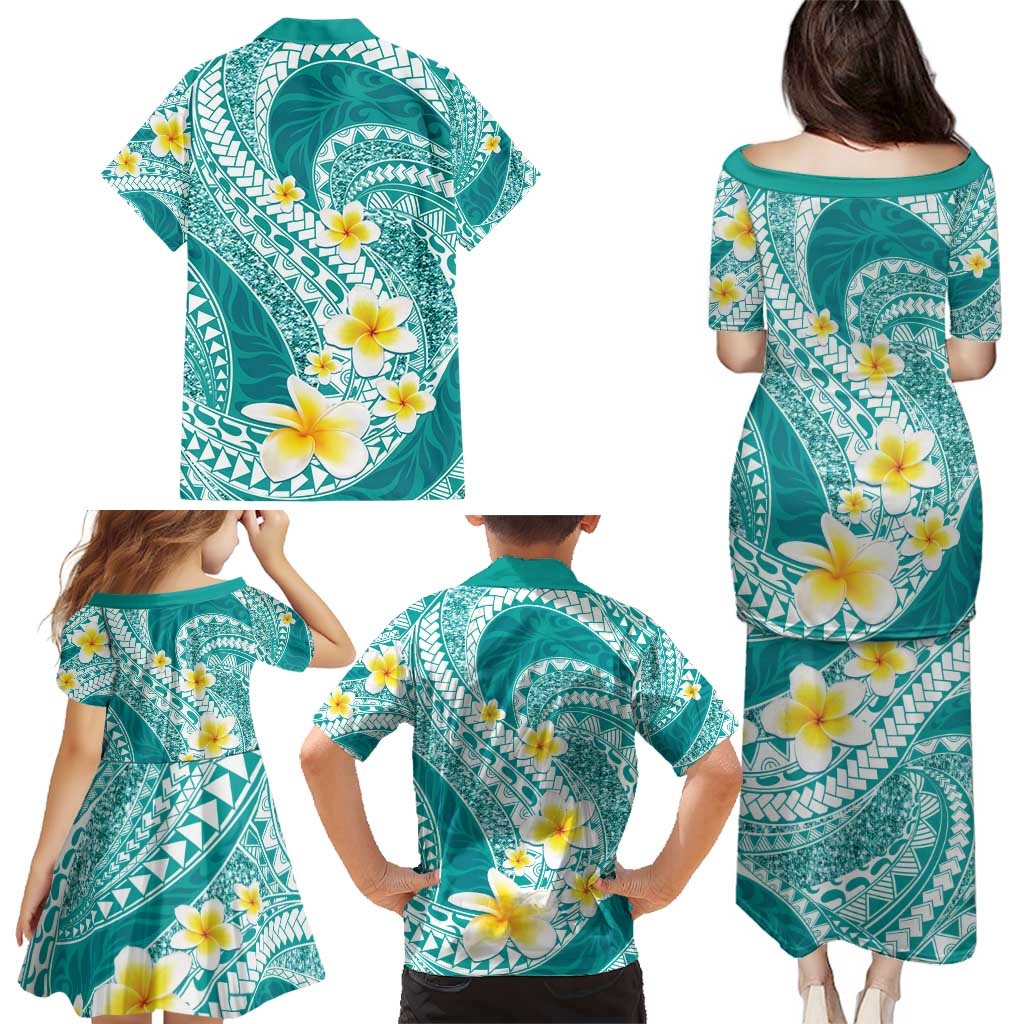 Plumeria Polynesian Teal Glitter Pattern Family Matching Puletasi and Hawaiian Shirt LT01 - Polynesian Pride