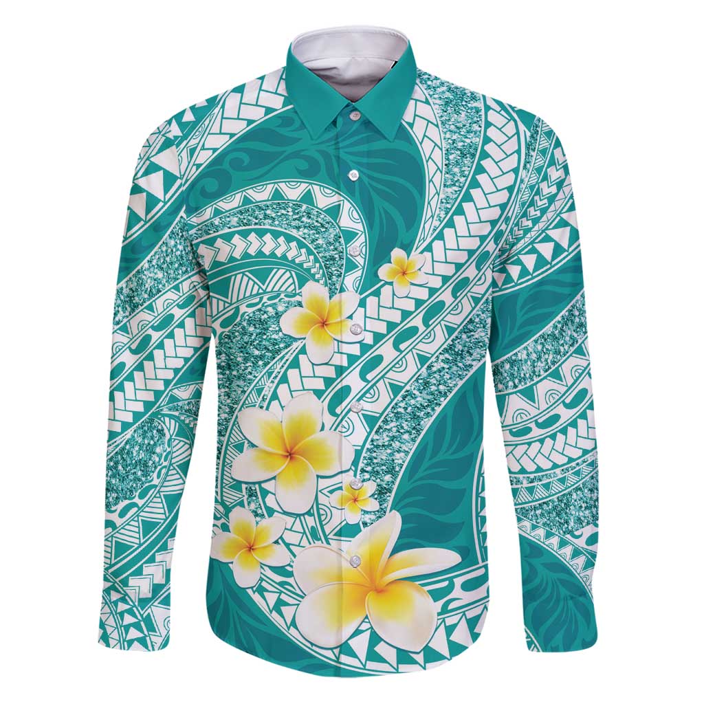 Plumeria Polynesian Teal Glitter Pattern Family Matching Puletasi and Hawaiian Shirt LT01 Dad's Shirt - Long Sleeve Teal - Polynesian Pride