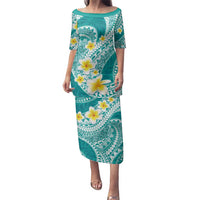 Plumeria Polynesian Teal Glitter Pattern Family Matching Puletasi and Hawaiian Shirt LT01 Mom's Dress Teal - Polynesian Pride