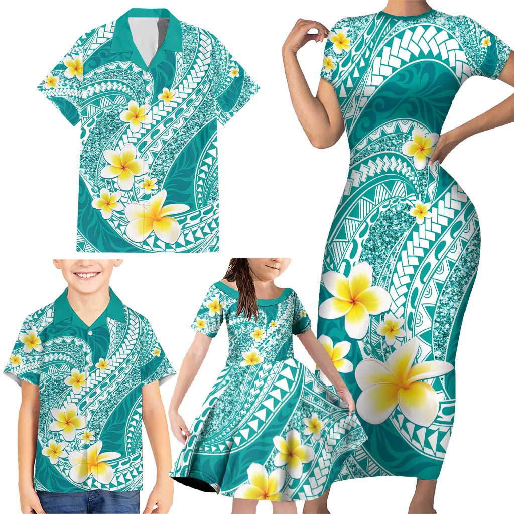 Plumeria Polynesian Teal Glitter Pattern Family Matching Short Sleeve Bodycon Dress and Hawaiian Shirt