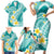 Plumeria Polynesian Teal Glitter Pattern Family Matching Short Sleeve Bodycon Dress and Hawaiian Shirt