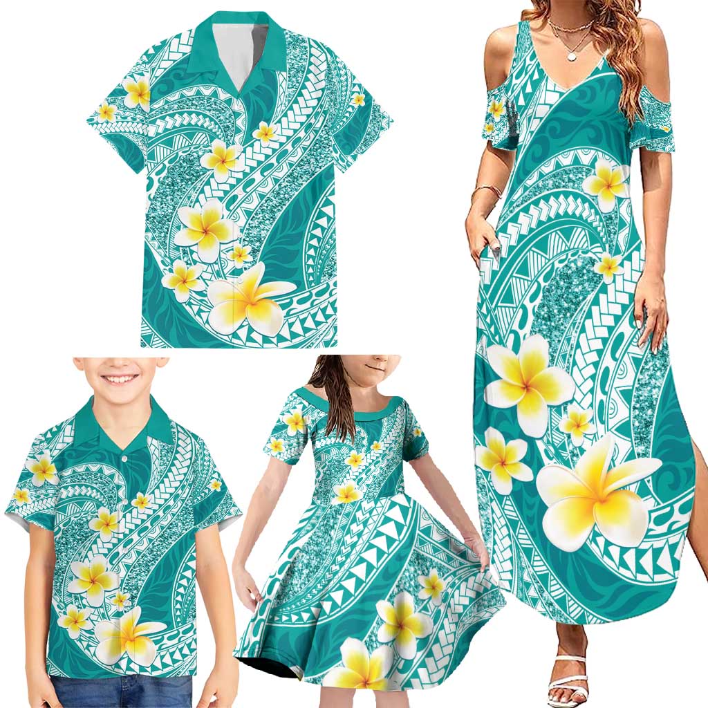 Plumeria Polynesian Teal Glitter Pattern Family Matching Summer Maxi Dress and Hawaiian Shirt LT01 - Polynesian Pride
