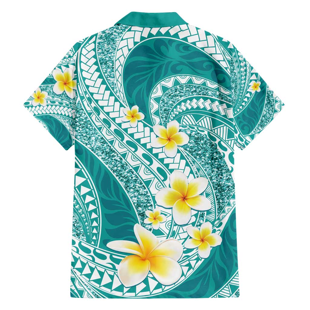 Plumeria Polynesian Teal Glitter Pattern Family Matching Summer Maxi Dress and Hawaiian Shirt LT01 - Polynesian Pride