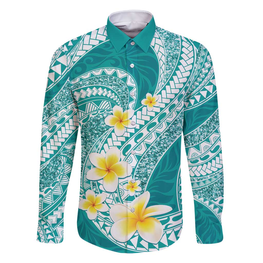 Plumeria Polynesian Teal Glitter Pattern Family Matching Tank Maxi Dress and Hawaiian Shirt LT01 Dad's Shirt - Long Sleeve Teal - Polynesian Pride