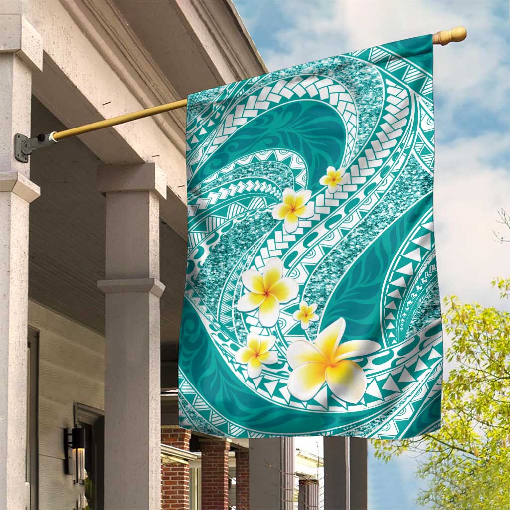 Plumeria Polynesian Teal Glitter Pattern Garden Flag LT01 House Flag Teal - Polynesian Pride