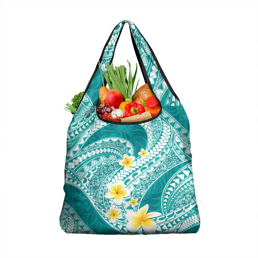 Plumeria Polynesian Teal Glitter Pattern Grocery Bag LT01 1-pack One Size Teal - Polynesian Pride