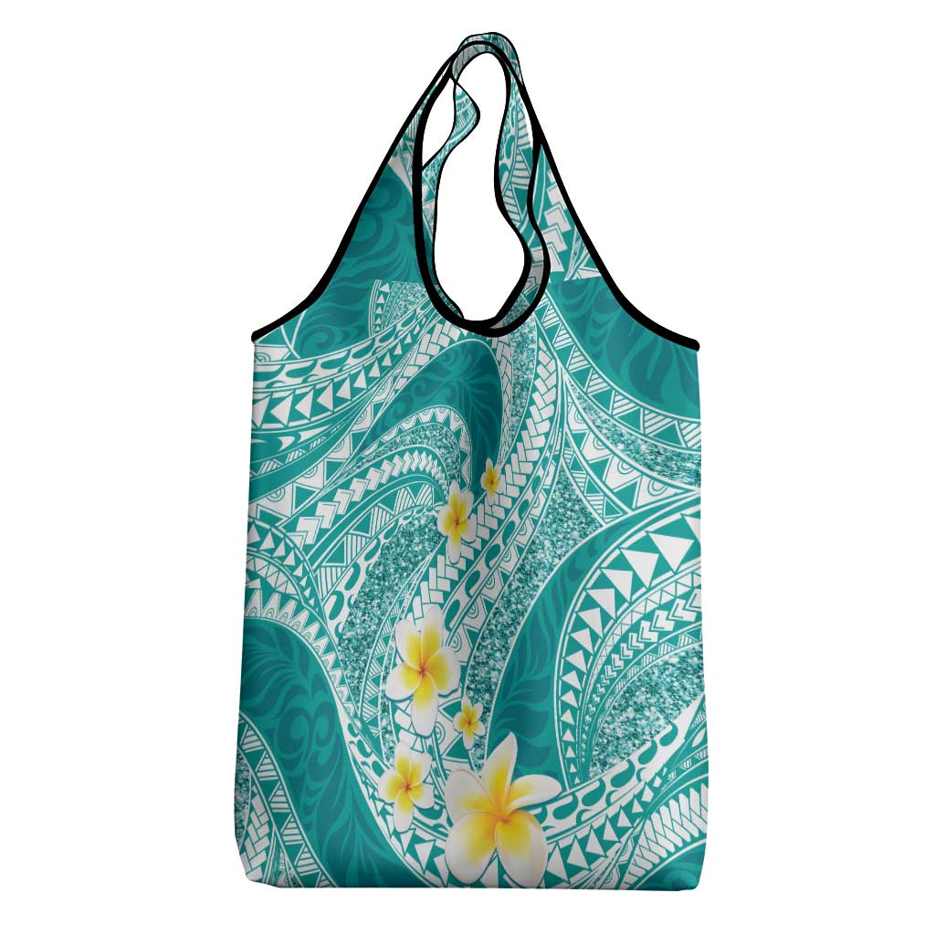 Plumeria Polynesian Teal Glitter Pattern Grocery Bag LT01 - Polynesian Pride