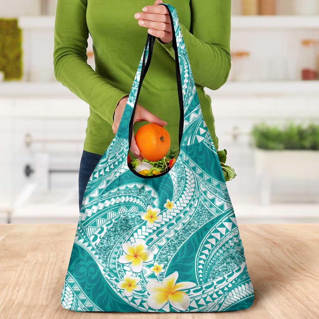 Plumeria Polynesian Teal Glitter Pattern Grocery Bag LT01 - Polynesian Pride