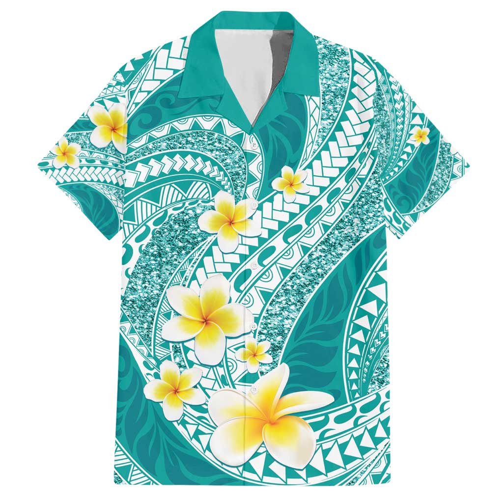 Plumeria Polynesian Teal Glitter Pattern Hawaiian Shirt