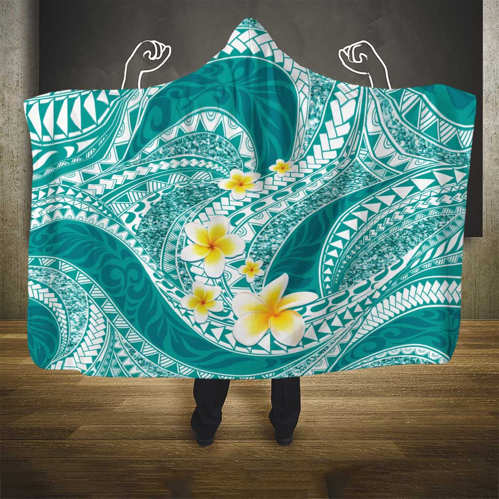 Plumeria Polynesian Teal Glitter Pattern Hooded Blanket LT01 - Polynesian Pride