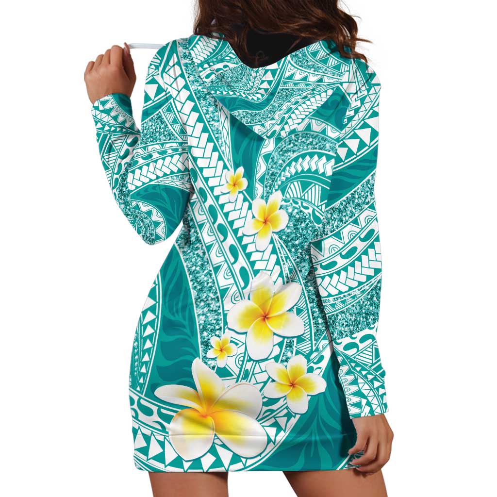 Plumeria Polynesian Teal Glitter Pattern Hoodie Dress LT01 - Polynesian Pride