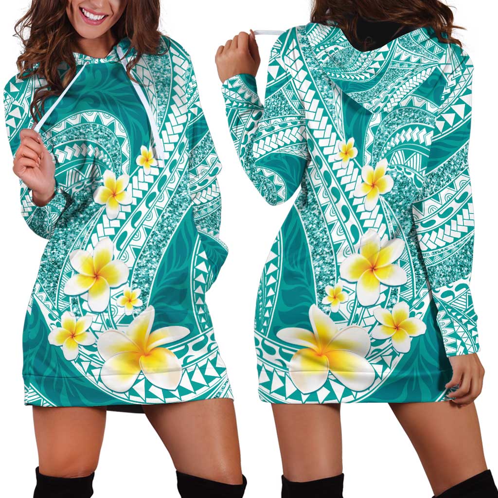 Plumeria Polynesian Teal Glitter Pattern Hoodie Dress LT01 - Polynesian Pride