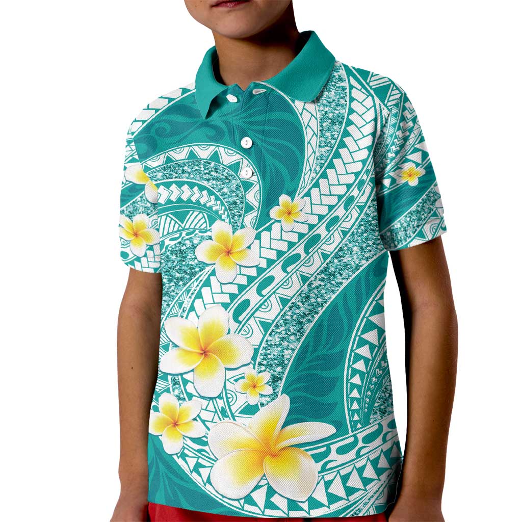 Plumeria Polynesian Teal Glitter Pattern Kid Polo Shirt