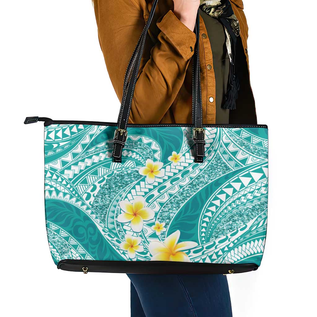 Plumeria Polynesian Teal Glitter Pattern Leather Tote Bag LT01 - Polynesian Pride