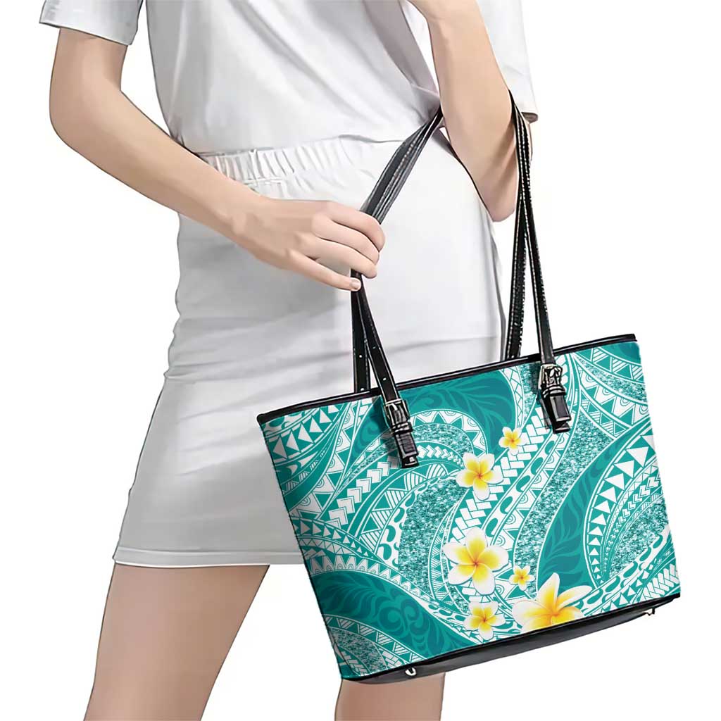 Plumeria Polynesian Teal Glitter Pattern Leather Tote Bag LT01 - Polynesian Pride