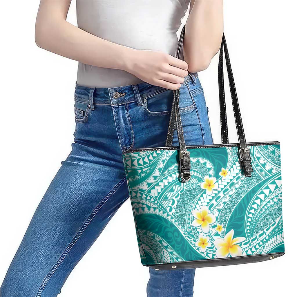 Plumeria Polynesian Teal Glitter Pattern Leather Tote Bag LT01 - Polynesian Pride