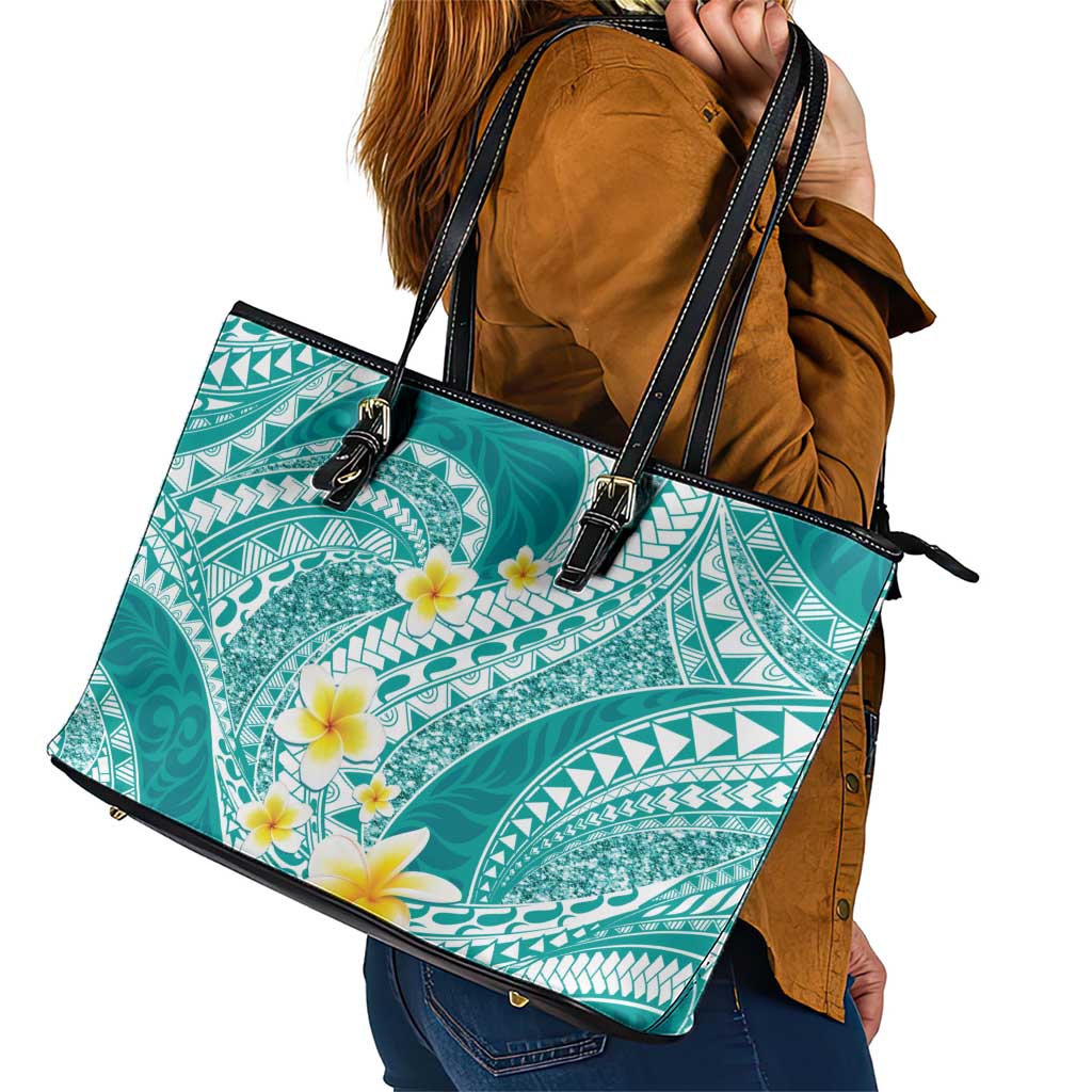 Plumeria Polynesian Teal Glitter Pattern Leather Tote Bag LT01 - Polynesian Pride