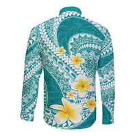 Plumeria Polynesian Teal Glitter Pattern Long Sleeve Button Shirt LT01 - Polynesian Pride