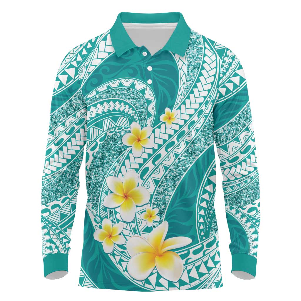 Plumeria Polynesian Teal Glitter Pattern Long Sleeve Polo Shirt