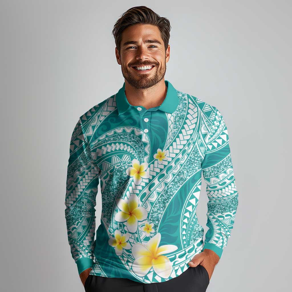 Plumeria Polynesian Teal Glitter Pattern Long Sleeve Polo Shirt
