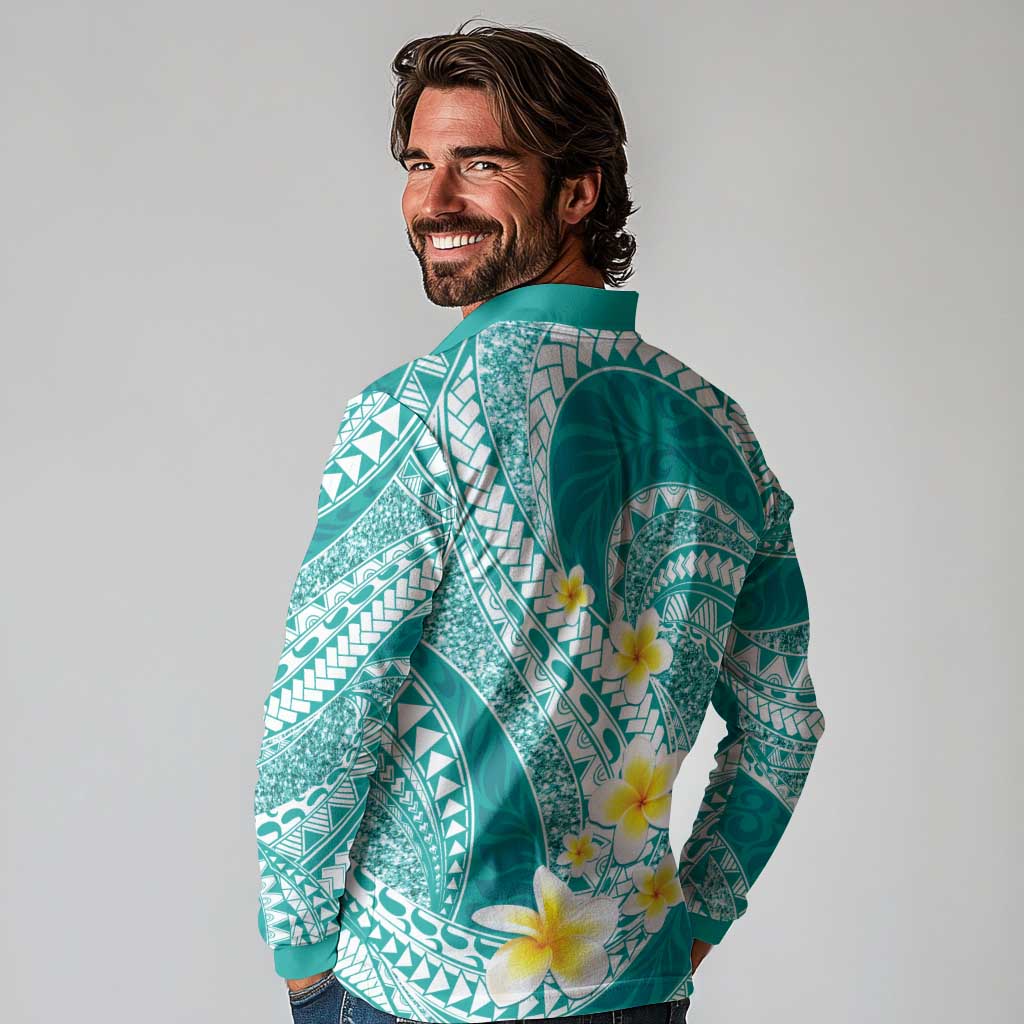 Plumeria Polynesian Teal Glitter Pattern Long Sleeve Polo Shirt