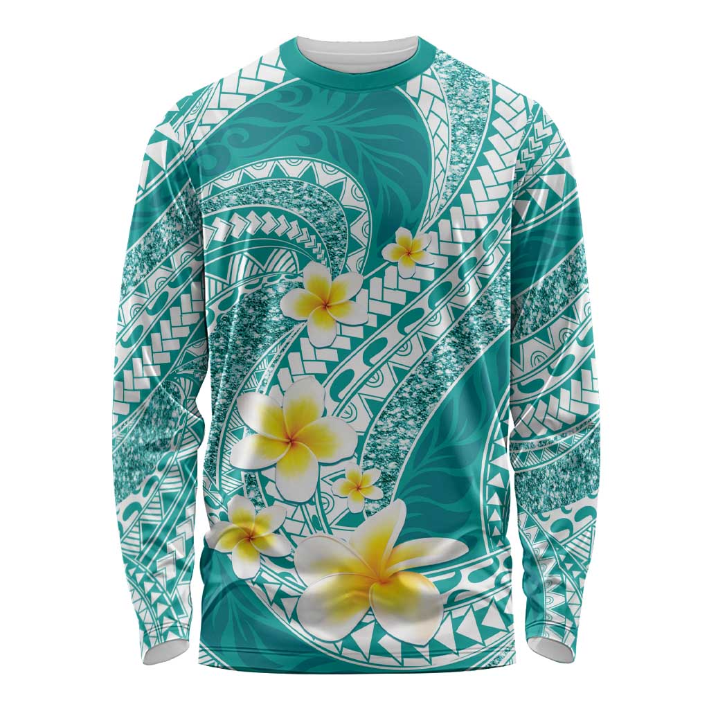 Plumeria Polynesian Teal Glitter Pattern Long Sleeve Shirt LT01 Unisex Teal - Polynesian Pride