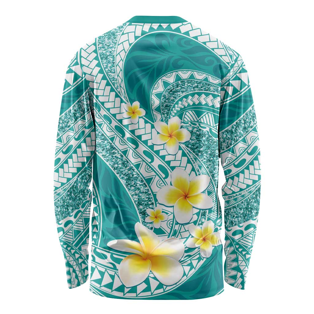 Plumeria Polynesian Teal Glitter Pattern Long Sleeve Shirt LT01 - Polynesian Pride