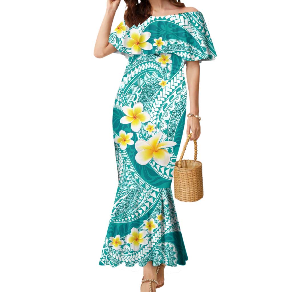 Plumeria Polynesian Teal Glitter Pattern Mermaid Dress