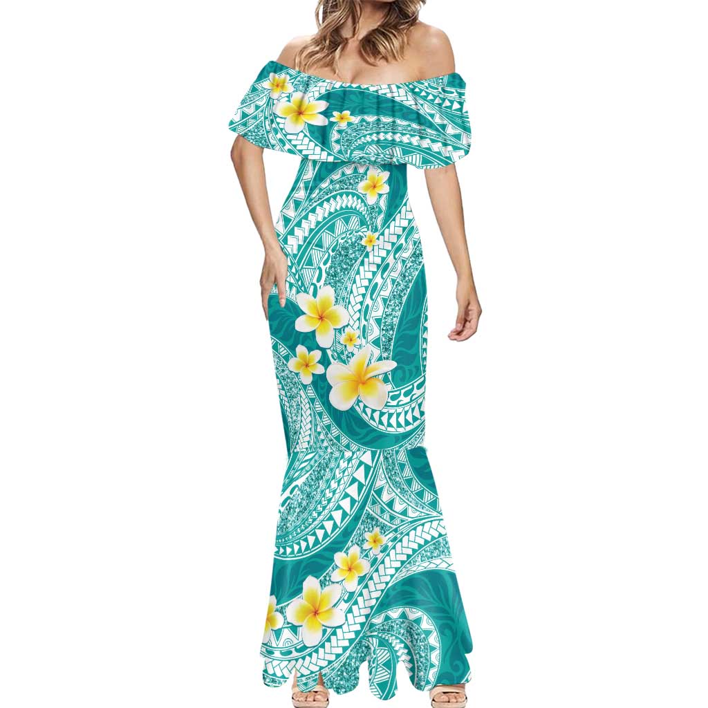 Plumeria Polynesian Teal Glitter Pattern Mermaid Dress