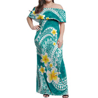 Plumeria Polynesian Teal Glitter Pattern Off Shoulder Maxi Dress LT01 Women Teal - Polynesian Pride