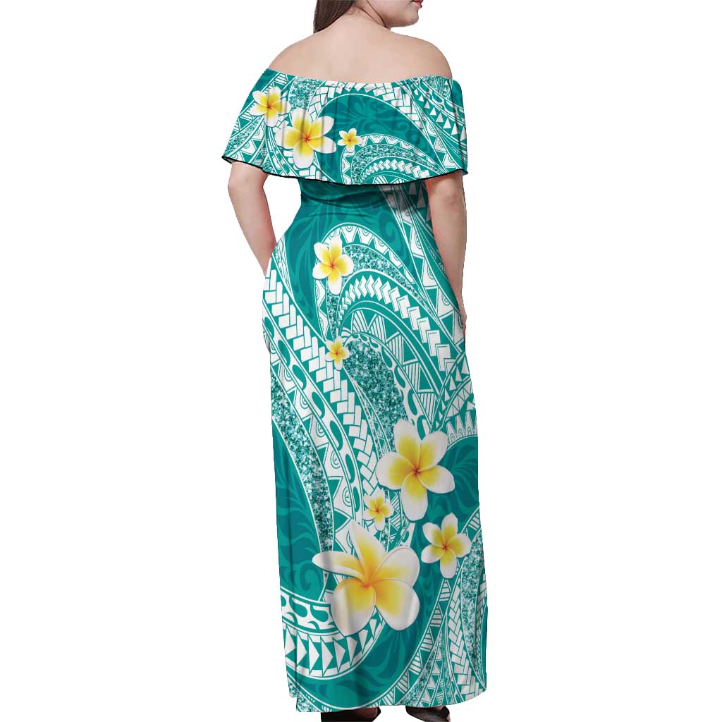 Plumeria Polynesian Teal Glitter Pattern Off Shoulder Maxi Dress LT01 - Polynesian Pride