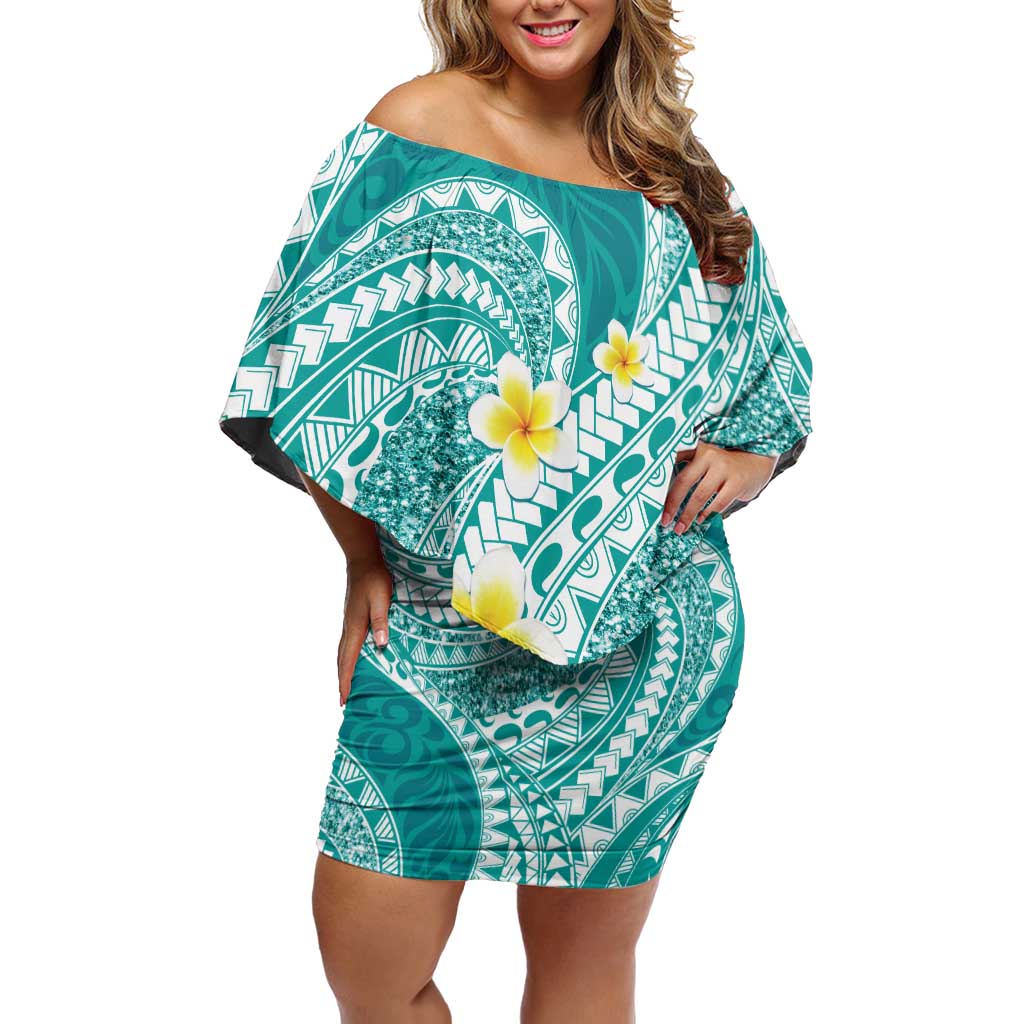 Plumeria Polynesian Teal Glitter Pattern Off Shoulder Short Dress LT01 Women Teal - Polynesian Pride