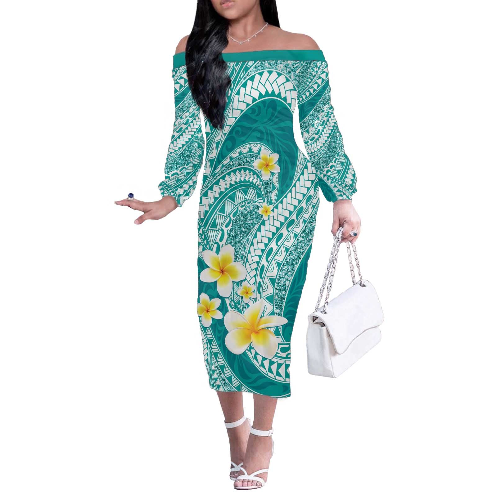 Plumeria Polynesian Teal Glitter Pattern Off The Shoulder Long Sleeve Dress