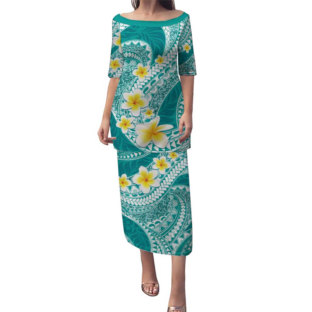Plumeria Polynesian Teal Glitter Pattern Puletasi LT01 Long Dress Teal - Polynesian Pride